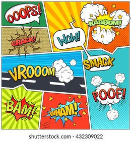 Classic comics book page sample with speech exclamations wow oops bam bubbles patterns composition abstract vector illustration  