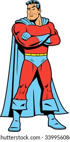 Classic comics muscular superhero with confident smile and arms crossed in hero stance.