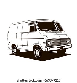classic commercial van, 1970's style, vector drawing, graphic, isolated, monogram, symbol, logo