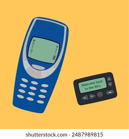 Tecnología de conmutación clásica 1990. Antiguas móvil celular y pager sobre fondo amarillo, teléfono móvil retro portátil. Antiguo dispositivo de telecomunicaciones de los años 90 . Ilustración vectorial