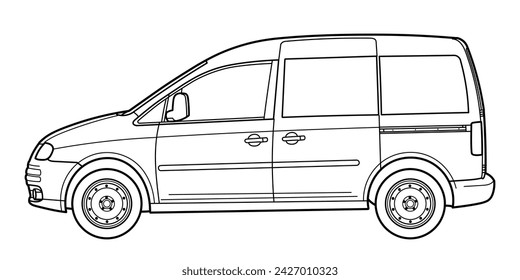 Classic compact family van car. Side view shot. Outline doodle vector illustration