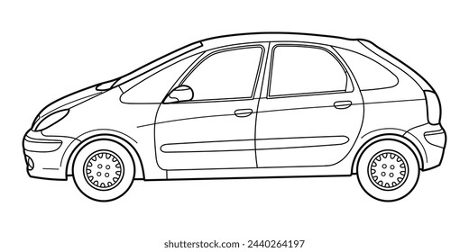 Classic compact family van car. Side view shot. Outline doodle vector illustration