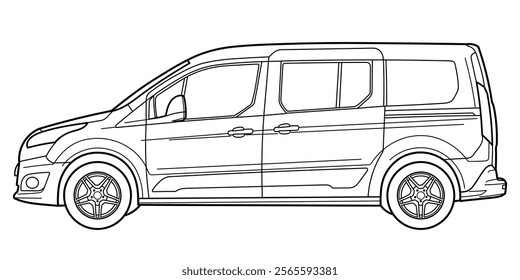 Classic compact family van car. Side view shot. Outline doodle vector illustration