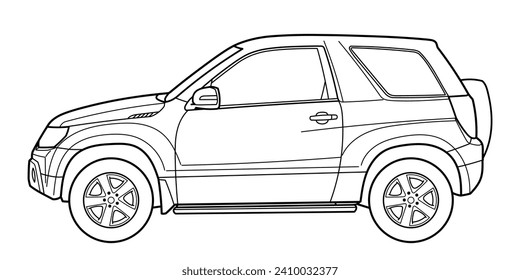 Classic compact suv car. Crossover car front view shot. Outline doodle vector illustration. Design for print, coloring book	