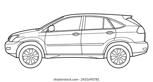 Classic compact suv car. Crossover car front view shot. Outline doodle vector illustration. Design for print, coloring book