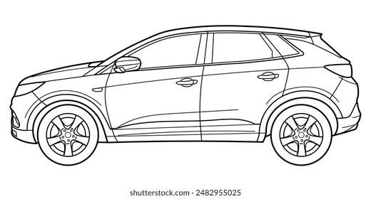 Classic compact suv car. Crossover car front view shot. Outline doodle vector illustration. Design for print, coloring book