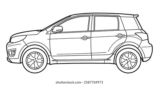 Classic compact suv car. Crossover car front view shot. Outline doodle vector illustration. Design for print, coloring book