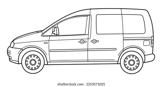 Classic compact van car. Side view shot. Outline doodle vector illustration