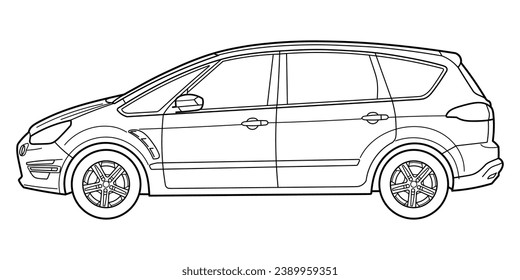 Camión compacto clásico. Imagen de vista lateral. Ilustración del vector del doodle de contorno	
