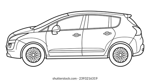 Classic compact van car. Side view shot. Outline doodle vector illustration