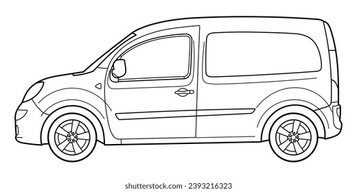 Classic compact van car. Side view shot. Outline doodle vector illustration