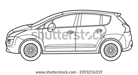 Classic compact van car. Side view shot. Outline doodle vector illustration