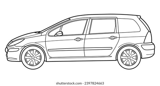 Classic compact van or station wagon car. Side view shot. Outline doodle vector illustration	