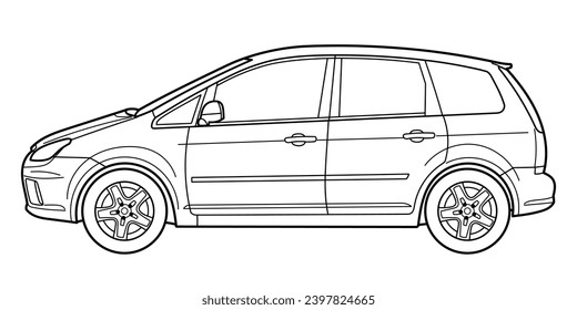 Classic compact van or station wagon car. Side view shot. Outline doodle vector illustration	