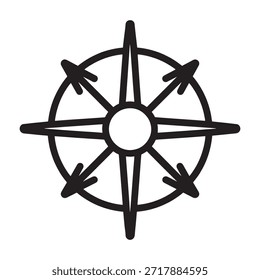 um design de bússola clássico com oito raios irradiando de um ponto central. Cada raio tem uma pequena seta no final, indicando direções cardinais. A bússola é simples e elegante, com um anel exterior circular e um ponto central.