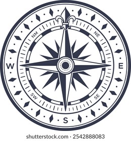 Classic compass rose design featuring a prominent fleur de lis symbol, indicating direction with clear markings for north, south, east, and west, ideal for navigation and exploration themes