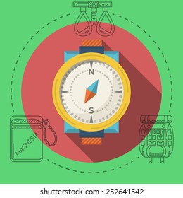 Classic compass with yellow frame on red icon with black contour outfit elements around. Flat color vector illustration for rock climbing on green background. Long shadow design