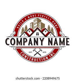 classic construction logo design. illustration of the roof of a house with a pine tree in the form of an emblem, for real estate companies, construction and housing businesses