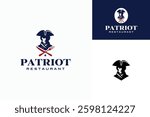 Classic Continental American Patriot Face Silhouette. Vintage United States Revolution War Army Soldier with Fork and Knife for Historical Restaurant Logo Design