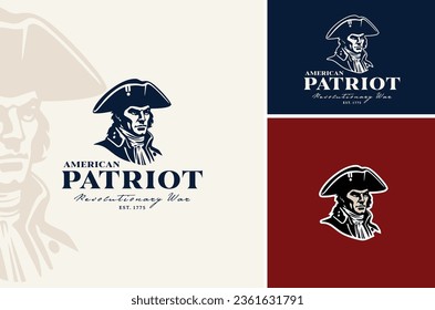 Classic Continental American Patriot Face Silhouette. Vintage United States Revolution War Army Soldier with Tricorn Hat Illustration Logo Design