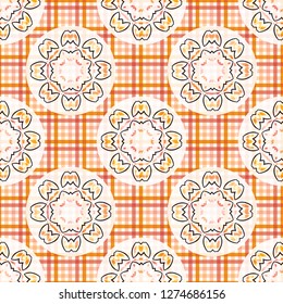 Classic coral orange tartan check gingham with flower circles. Seamless repeat pattern. Stylish geometric checkered flowers for trendy summer textiles and paper background.