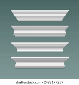 Classic cornice molding set isolated on background. Vector realistic illustration of antique architecture decoration, luxury home interior design, plastic or wooden element for ceiling, floor design