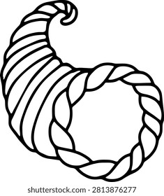 A classic cornucopia vector graphic with braided rope detail. Isolated on white this symbol represents plenty harvest and Thanksgiving. Ideal for seasonal promotions.