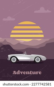 Classic corvette car around mountains, sunset. Adventure poster in retro style. Vector illustration svg