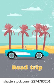 Classic corvette car around palms and ocean. Summer road trip poster in retro style. Vector illustration svg