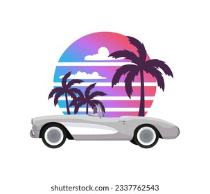 Classic corvette car on summer sunset with palm trees background in retro vintage style. Design print illustration, sticker, poster. Vector svg