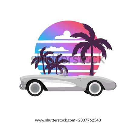 Classic corvette car on summer sunset with palm trees background in retro vintage style. Design print illustration, sticker, poster. Vector