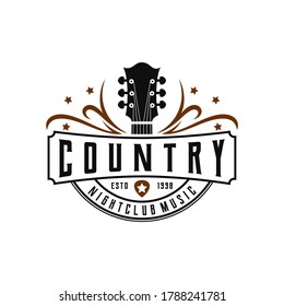 Classic Country Music Logo, Guitar Vintage Retro Logo Design
