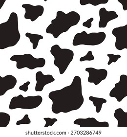 Classic cow spots seamless pattern, featuring irregular amoeba-like blobs and monochrome holstein motifs. Animal print texture with bold black patches and creative forms. Vector cow skin illustration.