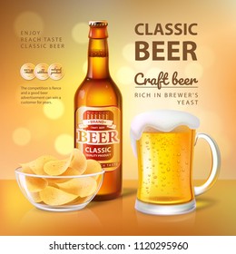 Classic craft beer poster with text sample headline. Beverage poured in big mug. Foamy alcoholic drink with soft taste and chips vector illustration