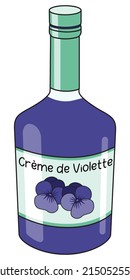 Classic Creme de Violette sweet viola flower liquor in a bottle. Doodle cartoon hipster style vector illustration isolated on white background. For party card, posters, bar menu or alcohol cook book