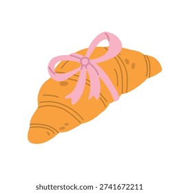 Classic croissant in flat style with bow isolated on light background. Golden French bakery pastry illustration for breakfast, brunch, cafe menu or food design. Simple vector clipart.