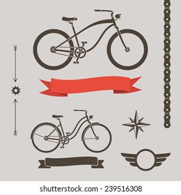 Classic cruiser bicycles and collection of design elements, chain, ribbon, arrows and star