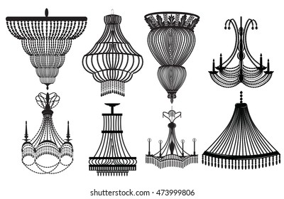 Classic Crystal Chandeliers Set Collection. Luxury decor accessory design. Vector illustration sketch
