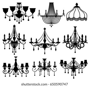 Classic crystal glass antique elegant chandeliers black vector silhouettes.