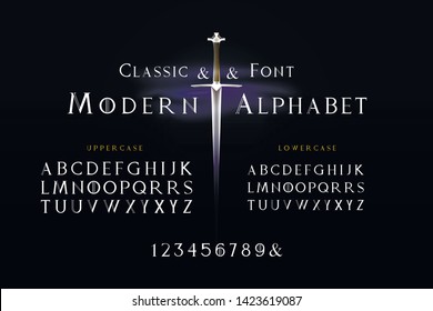 Classic cursive stylized font and the alphabet. Background with sword and fog. Set of letters english alphabet. uppercase letters, lowercase letters and numbers