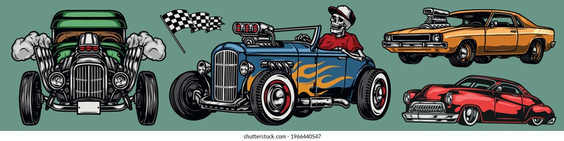 Classic custom cars vintage colorful concept with muscle and retro automobiles skeleton in baseball cap driving hot rod racing checkered flag isolated vector illustration