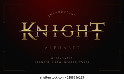 Classic custom gold Lettering Designs for logo, movie, game. Elegant golden alphabet letters font set. Typography serif fonts classic style, regular uppercase and number. vector illustration