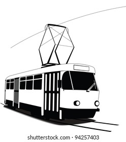 Classic Czech tramway in vector. Black and white sketch