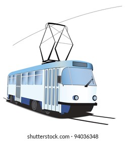 Classic Czech tramway in vector. White and blue colors