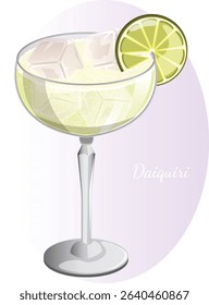 Classic Daiquiri with Ice Cubes and Lemon Garnish. Refreshing Cocktail Vector Illustration