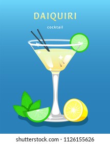 classic daiquiri. popular alcoholic cocktail daiquiri. exotic tropical beach bar. fresh drink in glass cup with lime,mint,lemon. modern flat cartoon vector illustration. daiquiri. daiquiri cocktail