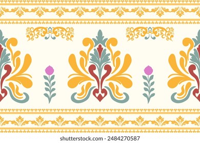 Classic Damask gold pink and green color Seamless Pattern on a light gray background.