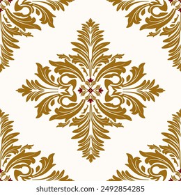 Classic Damask gold and red color Seamless Pattern on a pearl color background. seat cushions, cushions, coats, hats, handkerchiefs, towels, silk, scarf