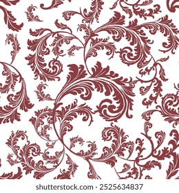 Classic Damask folha vermelho padrão sem emenda em um fundo branco.	
