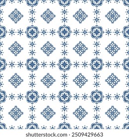 Diseño geométrico clásico del Vector del patrón inconsútil azul de la nave del damasco, motivo étnico hecho a mano, tribal étnico de Ikat, Fondo de pantalla inconsútil del boho. Arte de fondo abstracto de Ikat étnico, textil, productos de impresión